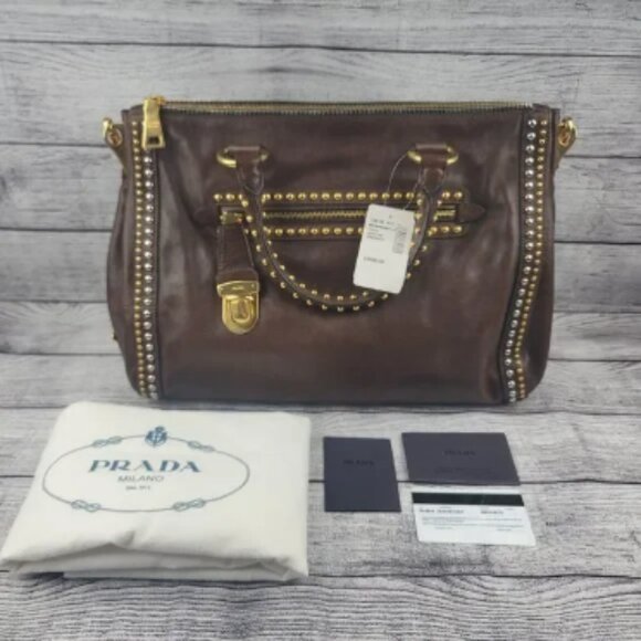 Authentic PRADA Glace Calf Brown Studded Tote Bag w/Dust Cover and COA BL0616 - Picture 1 of 4
